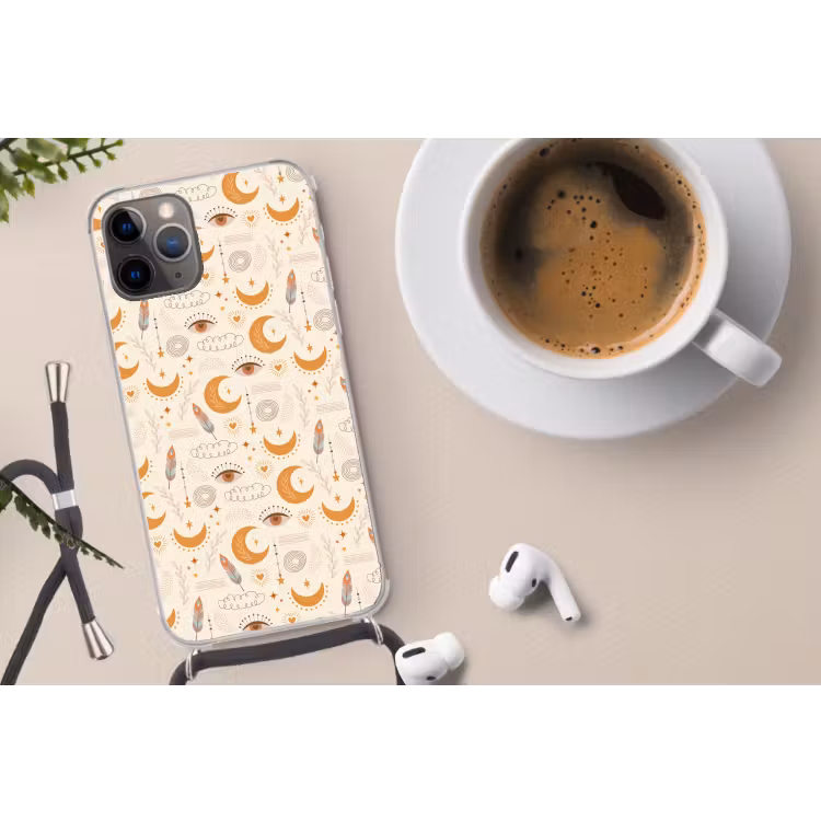 Boho - Print - Ogen - Maan - Veren - Beige Hoesje iPhone 12 Pro met koord klein -oordop