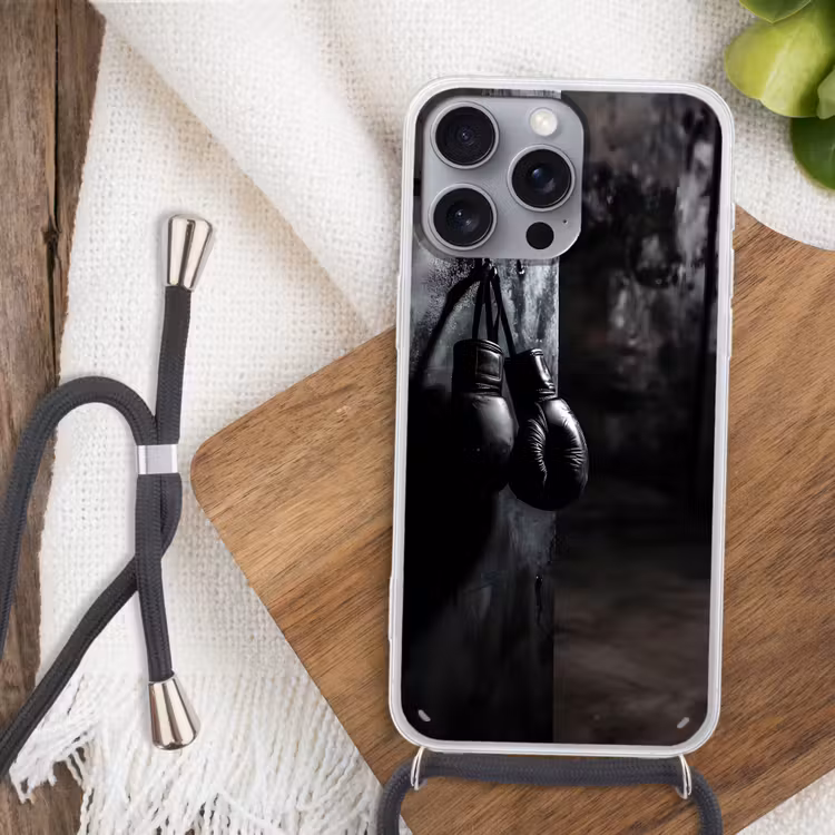 Bokshandschoenen - Muur - Duister - Zwart Hoesje iPhone 16 Pro Max met koord klein -sfeer4