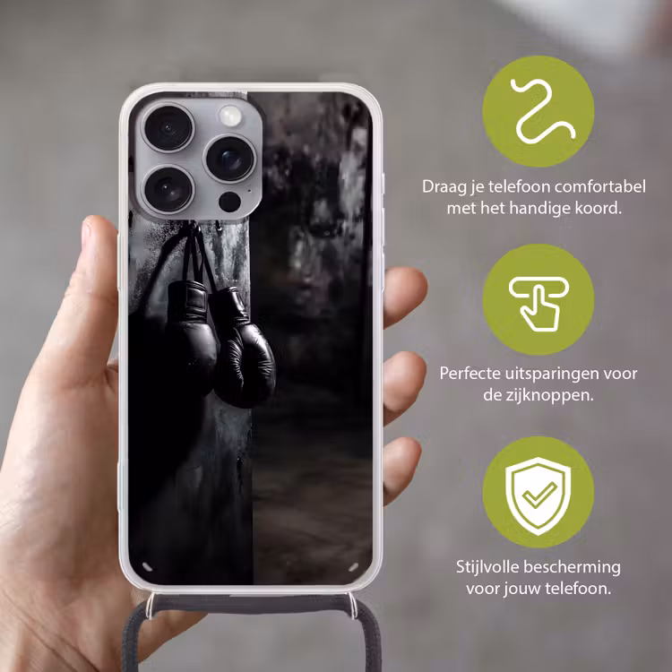 Bokshandschoenen - Muur - Duister - Zwart Hoesje iPhone 16 Pro Max met koord klein -sfeer2_NL