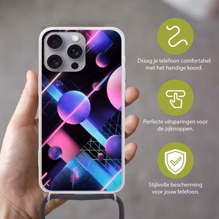 Bollen - Neon - Lijnen - Roze Hoesje iPhone 16 Pro Max met koord klein -sfeer2_NL