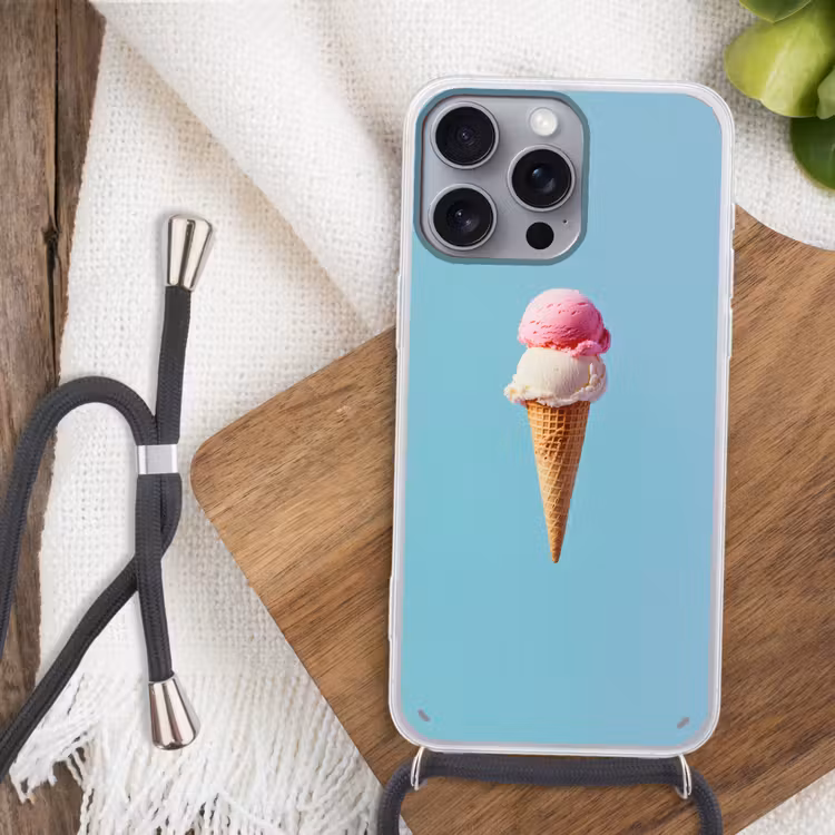 Bolletjes - Schepijs - Hoorntje - Blauw Hoesje iPhone 16 Pro Max met koord klein -sfeer4
