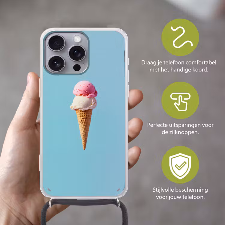 Bolletjes - Schepijs - Hoorntje - Blauw Hoesje iPhone 16 Pro Max met koord klein -sfeer2_NL