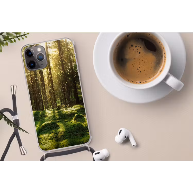 Bomen - Bos - Mos - Planten - Zon Hoesje iPhone 12 Pro met koord klein -oordop
