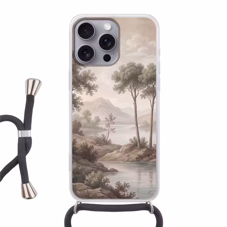 Bomen - Meer - Bergen - Illustratie Hoesje iPhone 16 Pro Max met koord klein -3d