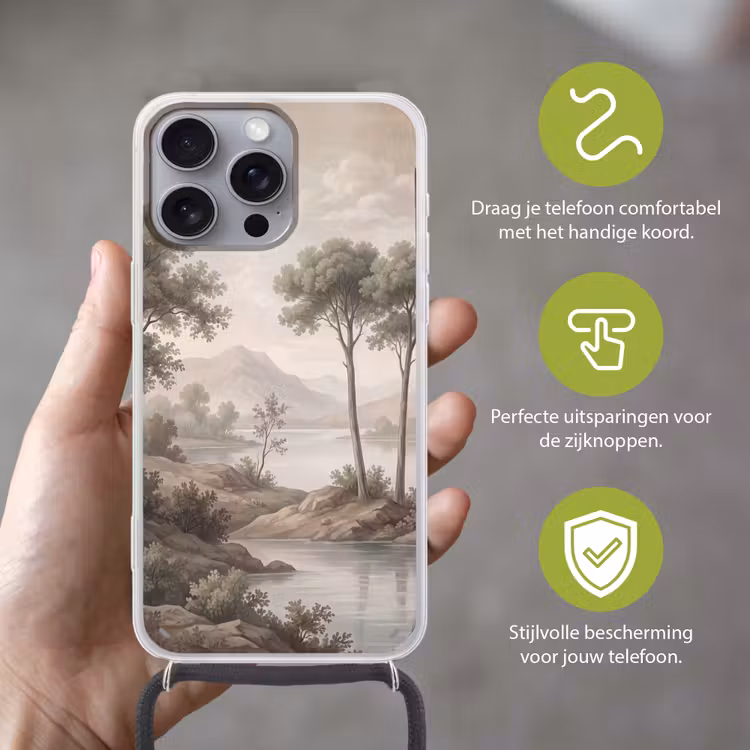 Bomen - Meer - Bergen - Illustratie Hoesje iPhone 16 Pro Max met koord klein -sfeer2_NL