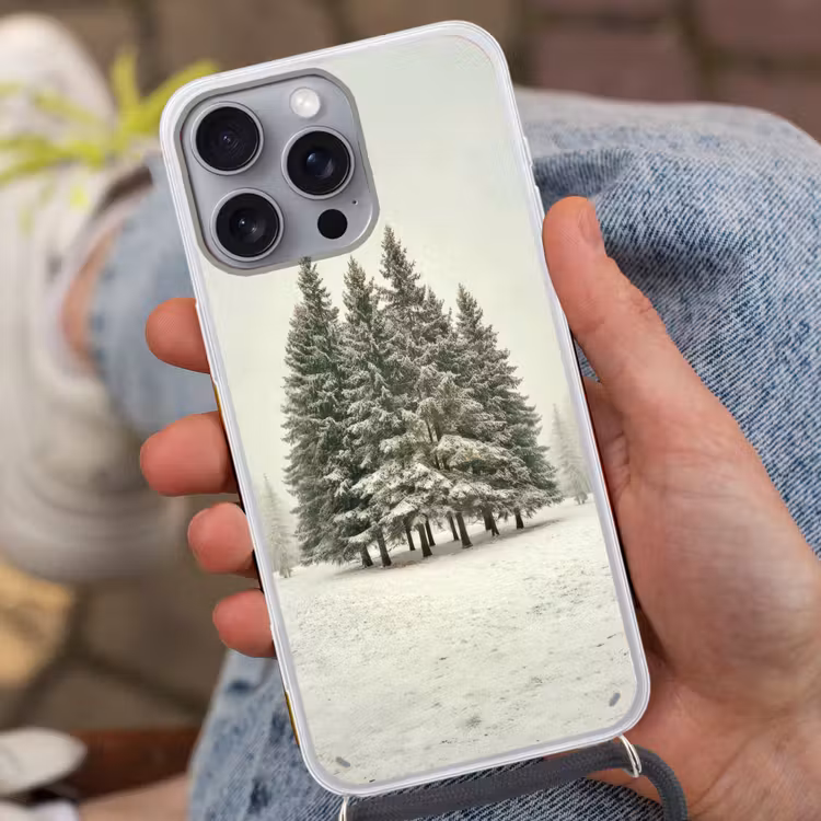 Bomen - Sneeuw - Wit Hoesje iPhone 16 Pro Max met koord klein -sfeer3