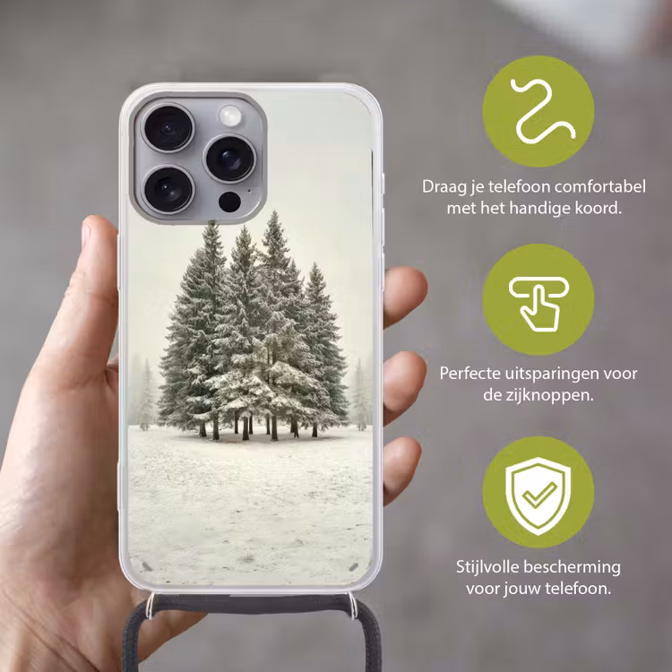 Bomen - Sneeuw - Wit Hoesje iPhone 16 Pro Max met koord klein -sfeer2_NL