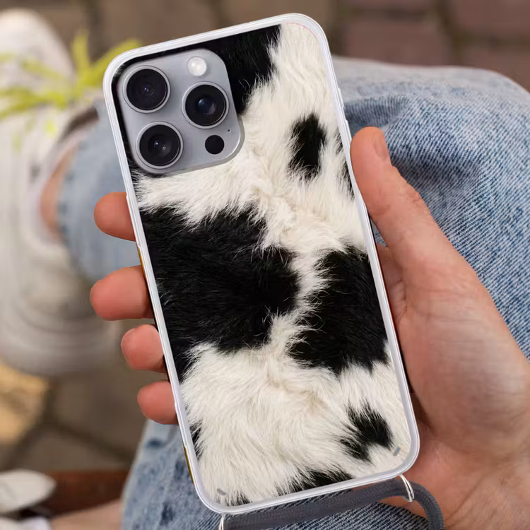 Bont - Textuur - Zwart - Wit Hoesje iPhone 16 Pro Max met koord klein -sfeer3