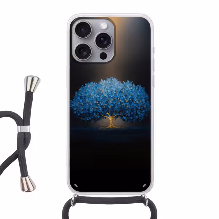 Boom - Blauw - Bladeren - Penseelstreken Hoesje iPhone 16 Pro Max met koord klein -3d