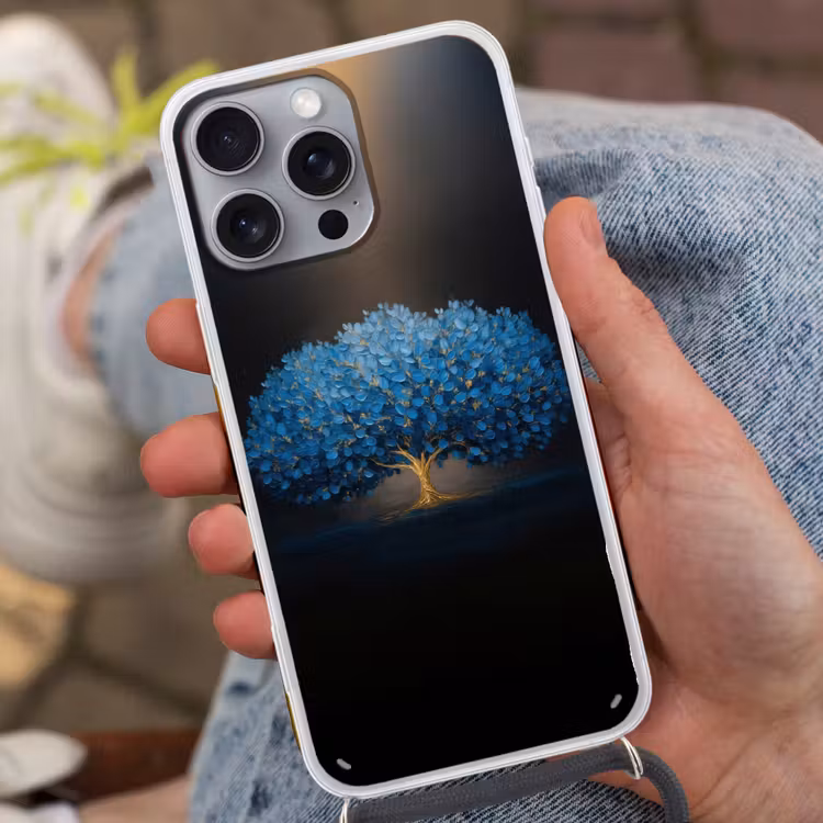 Boom - Blauw - Bladeren - Penseelstreken Hoesje iPhone 16 Pro Max met koord klein -sfeer3