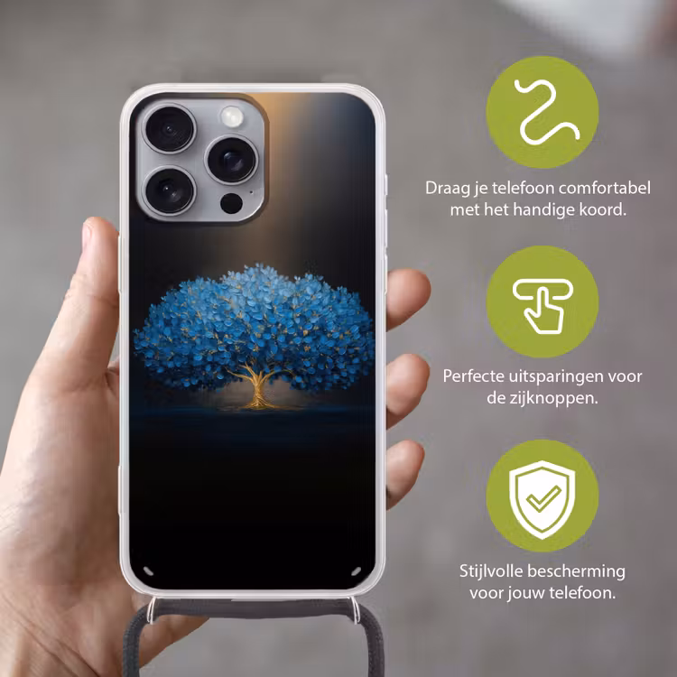 Boom - Blauw - Bladeren - Penseelstreken Hoesje iPhone 16 Pro Max met koord klein -sfeer2_NL
