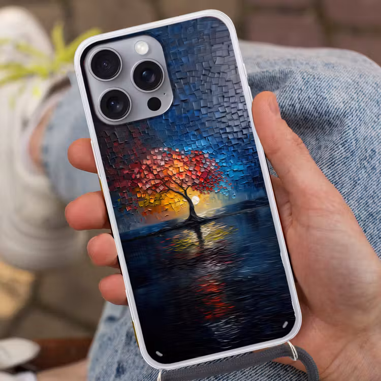 Boom - Blauw - Bladeren - Vakken Hoesje iPhone 16 Pro Max met koord klein -sfeer3