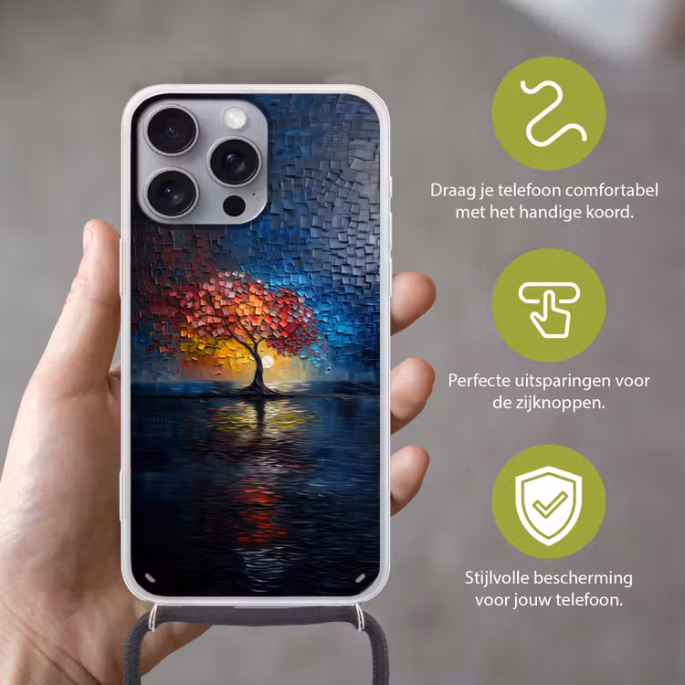 Boom - Blauw - Bladeren - Vakken Hoesje iPhone 16 Pro Max met koord klein -sfeer2_NL