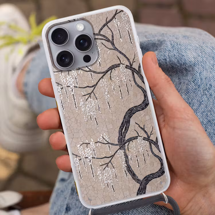 Boom - Bloemen - Mozaïek - Kunst - Wit Hoesje iPhone 16 Pro Max met koord klein -sfeer3