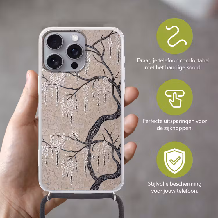 Boom - Bloemen - Mozaïek - Kunst - Wit Hoesje iPhone 16 Pro Max met koord klein -sfeer2_NL