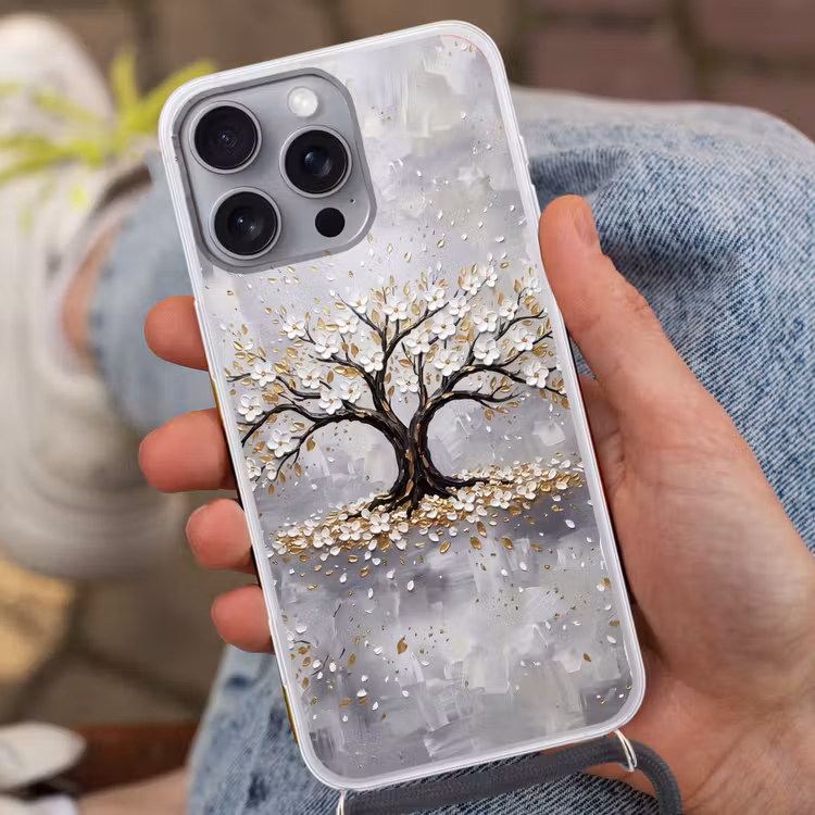 Boom - Bloemen - Natuur - Abstract - Wit Hoesje iPhone 16 Pro Max met koord klein -sfeer3