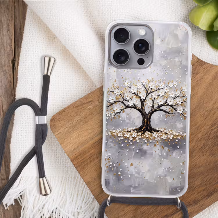 Boom - Bloemen - Natuur - Abstract - Wit Hoesje iPhone 16 Pro Max met koord klein -sfeer4