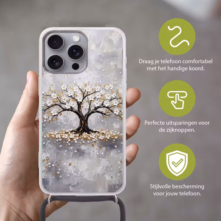 Boom - Bloemen - Natuur - Abstract - Wit Hoesje iPhone 16 Pro Max met koord klein -sfeer2_NL