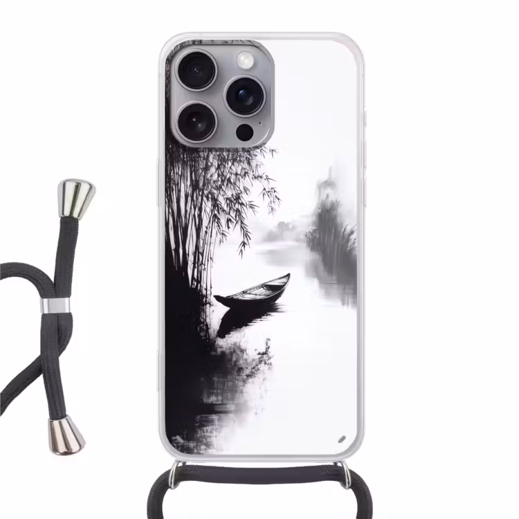 Boot - Rivier - Bamboe - Wit Hoesje iPhone 16 Pro Max met koord klein -3d