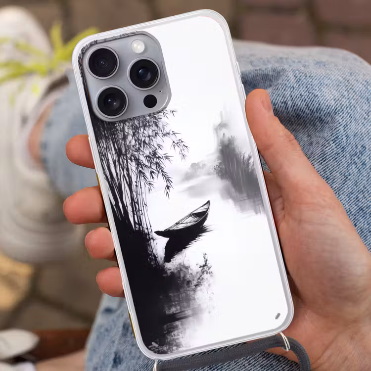 Boot - Rivier - Bamboe - Wit Hoesje iPhone 16 Pro Max met koord klein -sfeer3