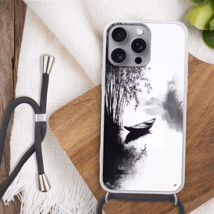 Boot - Rivier - Bamboe - Wit Hoesje iPhone 16 Pro Max met koord klein -sfeer4