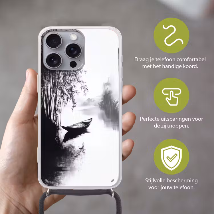 Boot - Rivier - Bamboe - Wit Hoesje iPhone 16 Pro Max met koord klein -sfeer2_NL