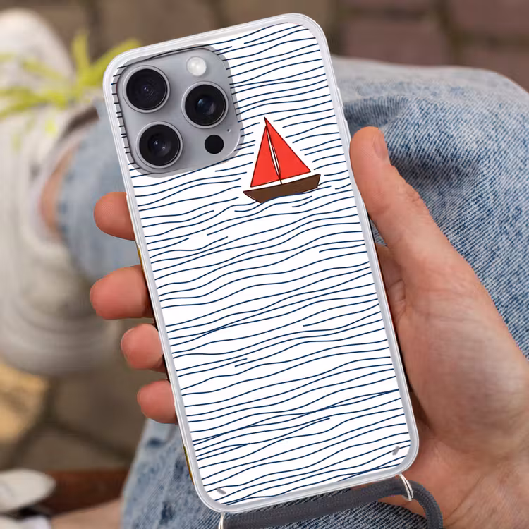 Boot - Water - Rood - Illustratie - Minimalistisch Hoesje iPhone 16 Pro Max met koord klein -sfeer3