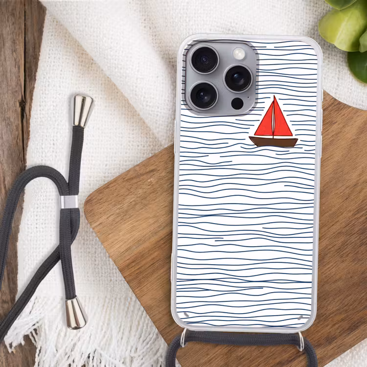 Boot - Water - Rood - Illustratie - Minimalistisch Hoesje iPhone 16 Pro Max met koord klein -sfeer4