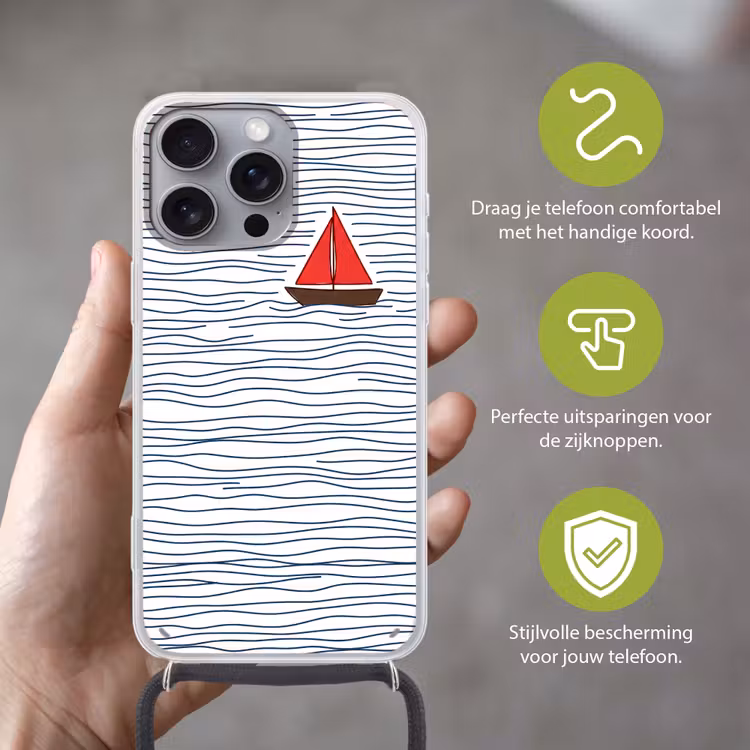 Boot - Water - Rood - Illustratie - Minimalistisch Hoesje iPhone 16 Pro Max met koord klein -sfeer2_NL