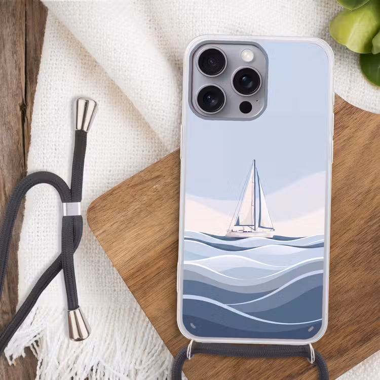 Boot - Zeil - Zee - Modern - Beige Hoesje iPhone 16 Pro Max met koord klein -sfeer4