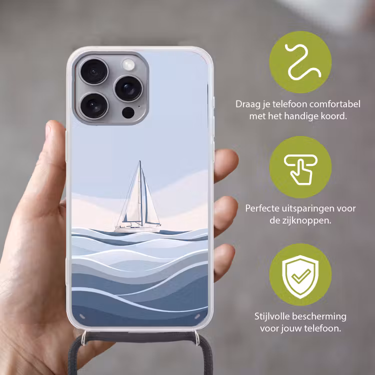 Boot - Zeil - Zee - Modern - Beige Hoesje iPhone 16 Pro Max met koord klein -sfeer2_NL