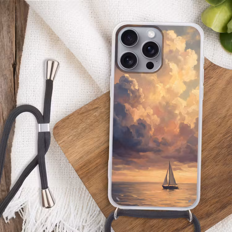 Boot - Zonsondergang - Zee - Natuur - Goud Hoesje iPhone 16 Pro Max met koord klein -sfeer4