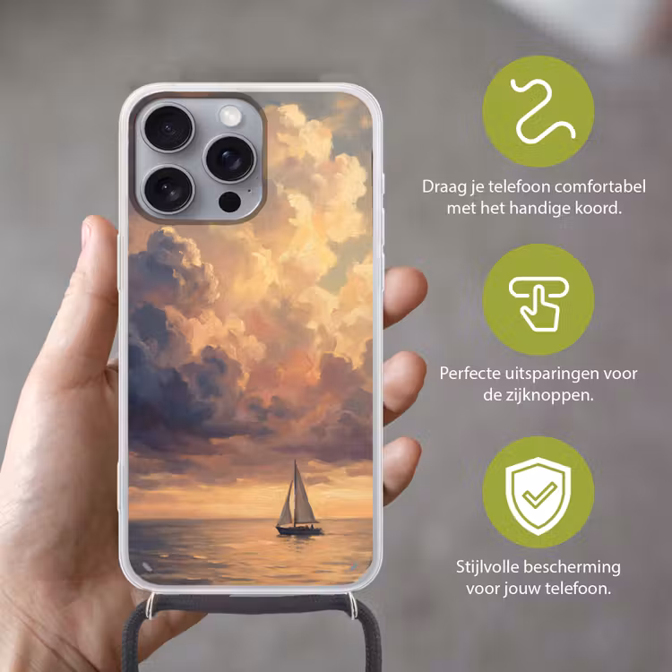 Boot - Zonsondergang - Zee - Natuur - Goud Hoesje iPhone 16 Pro Max met koord klein -sfeer2_NL