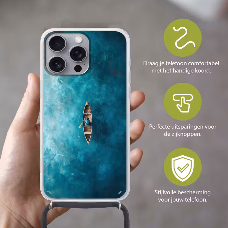 Bootje - Water - Blauw Hoesje iPhone 16 Pro Max met koord klein -sfeer2_NL