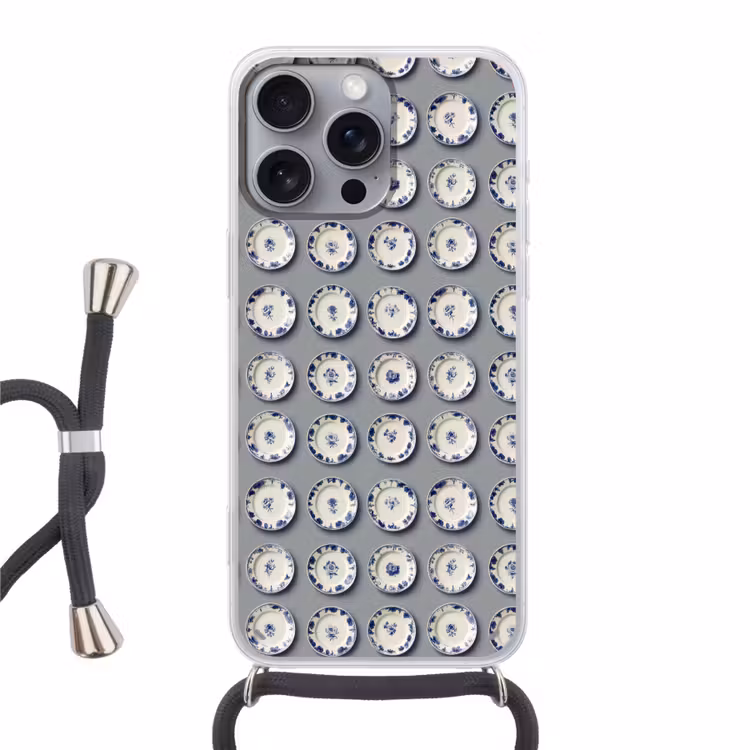 Borden - Bloemen - Blauw - Wit Hoesje iPhone 16 Pro Max met koord klein 804 -3d