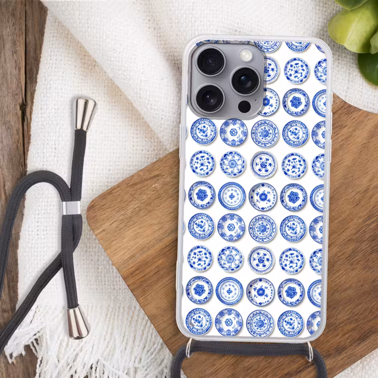 Borden - Bloemen - Patroon - Blauw Hoesje iPhone 16 Pro Max met koord klein 804 -sfeer4