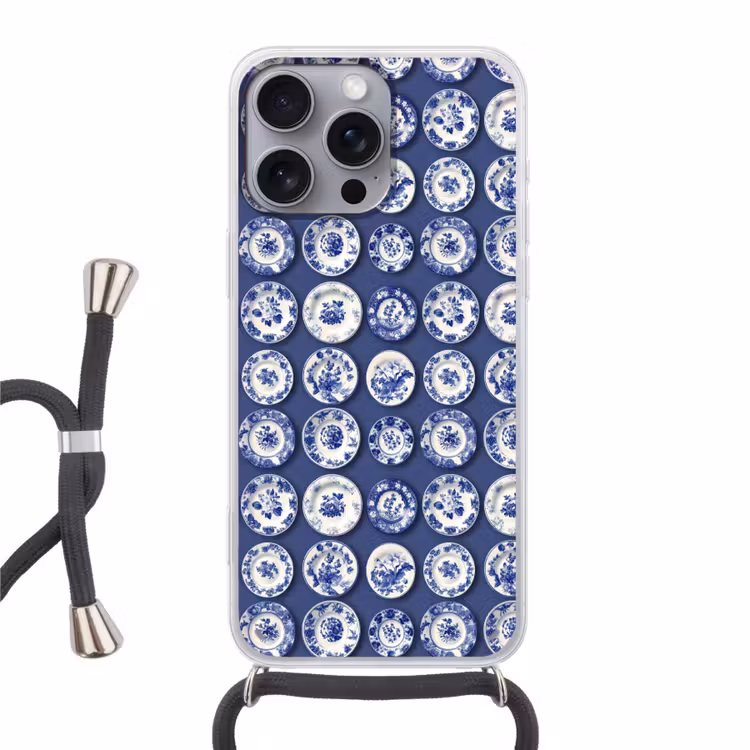 Borden - Floraal - Blauw Hoesje iPhone 16 Pro Max met koord klein 804 -3d