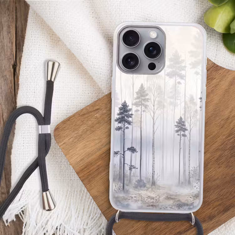 Bos - Bomen - Mist - Natuur - Illustratie - Grijs Hoesje iPhone 16 Pro Max met koord klein -sfeer4