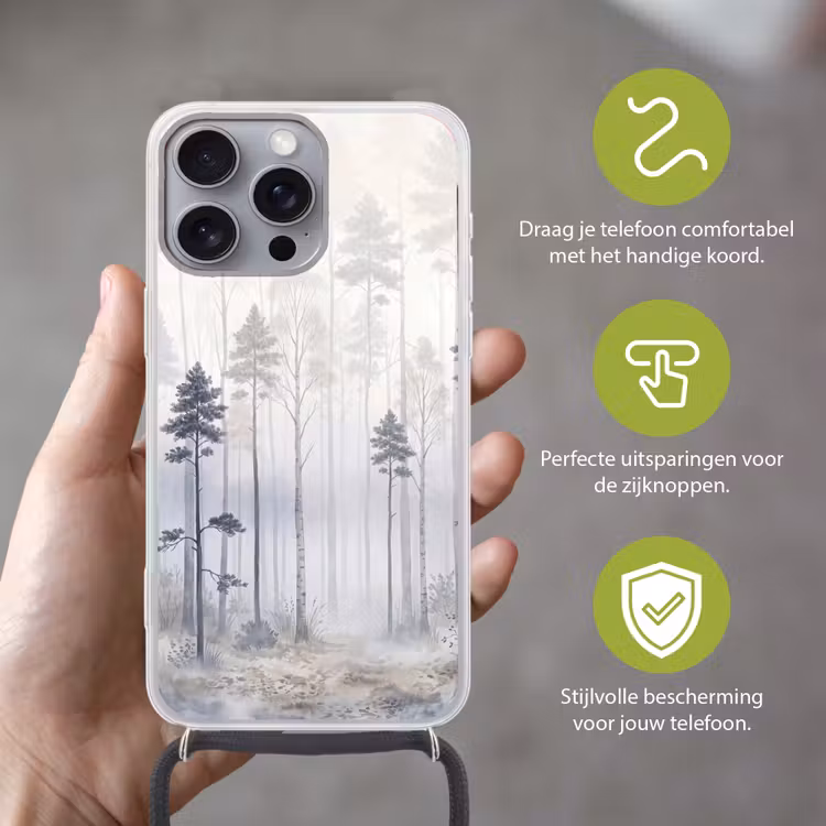 Bos - Bomen - Mist - Natuur - Illustratie - Grijs Hoesje iPhone 16 Pro Max met koord klein -sfeer2_NL