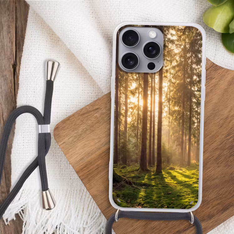 Bos - Gras - Zonlicht Hoesje iPhone 16 Pro Max met koord klein -sfeer4