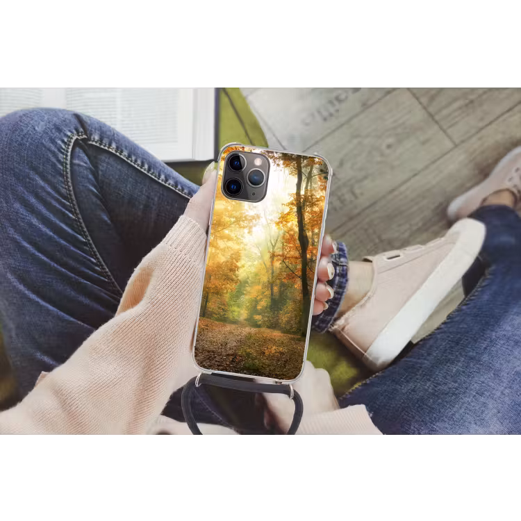 Bos - Herfst - Zon - Landschap - Natuur Hoesje iPhone 12 Pro met koord klein -hand