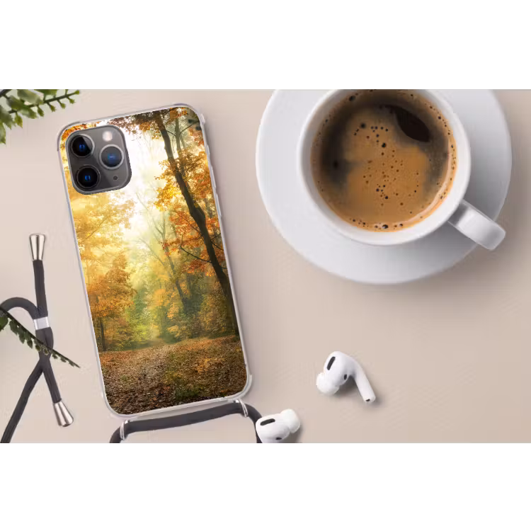 Bos - Herfst - Zon - Landschap - Natuur Hoesje iPhone 12 Pro met koord klein -oordop