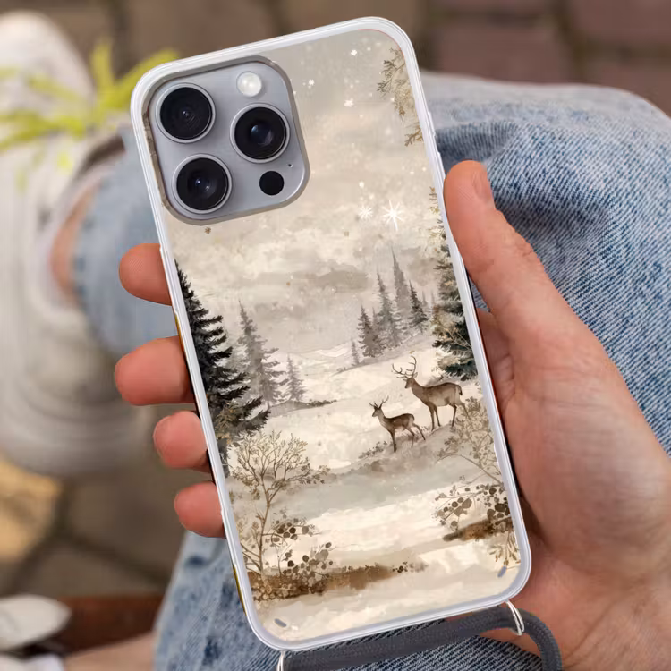 Bos - Herten - Winter - Sneeuw Hoesje iPhone 16 Pro Max met koord klein -sfeer3