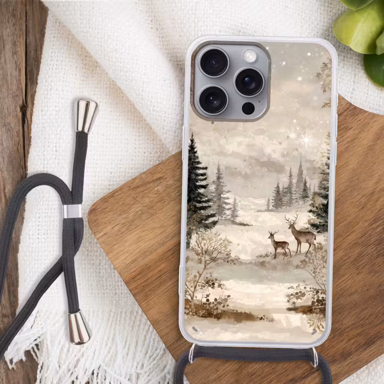 Bos - Herten - Winter - Sneeuw Hoesje iPhone 16 Pro Max met koord klein -sfeer4
