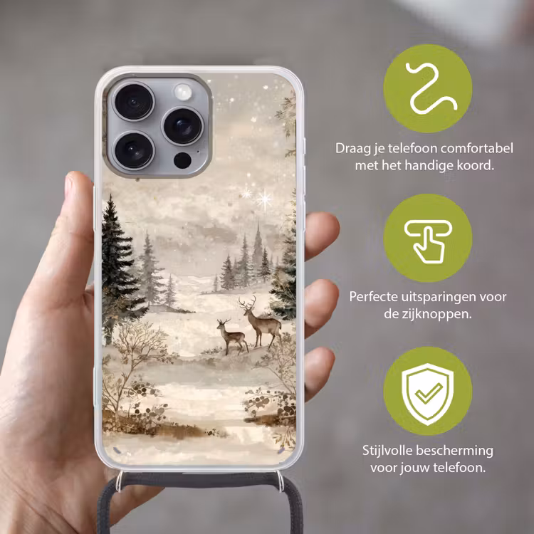 Bos - Herten - Winter - Sneeuw Hoesje iPhone 16 Pro Max met koord klein -sfeer2_NL