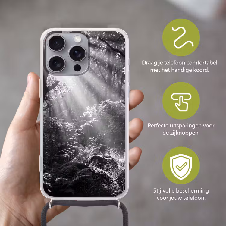 Bos - Lichtstralen - Natuur - Zwart-wit Hoesje iPhone 16 Pro Max met koord klein -sfeer2_NL