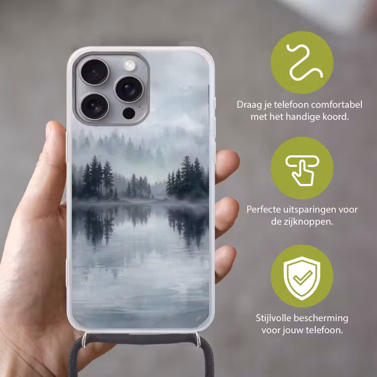 Bos - Meer - Mist - Natuur - Grijs Hoesje iPhone 16 Pro Max met koord klein -sfeer2_NL