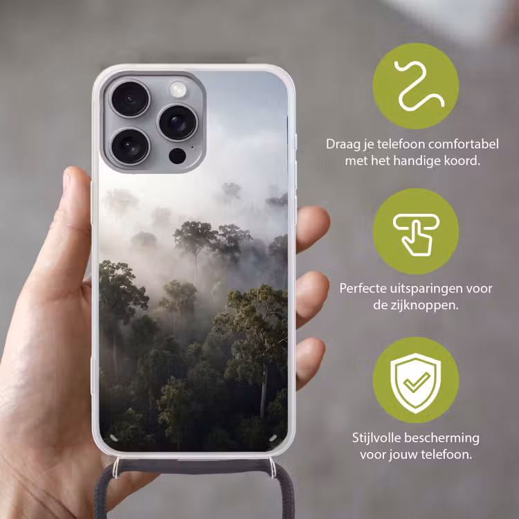 Bos - Mist - Natuur - Groen Hoesje iPhone 16 Pro Max met koord klein -sfeer2_NL