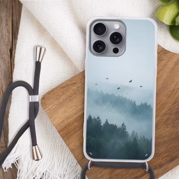 Bos - Mist - Vogels - Natuur - Groen Hoesje iPhone 16 Pro Max met koord klein -sfeer4