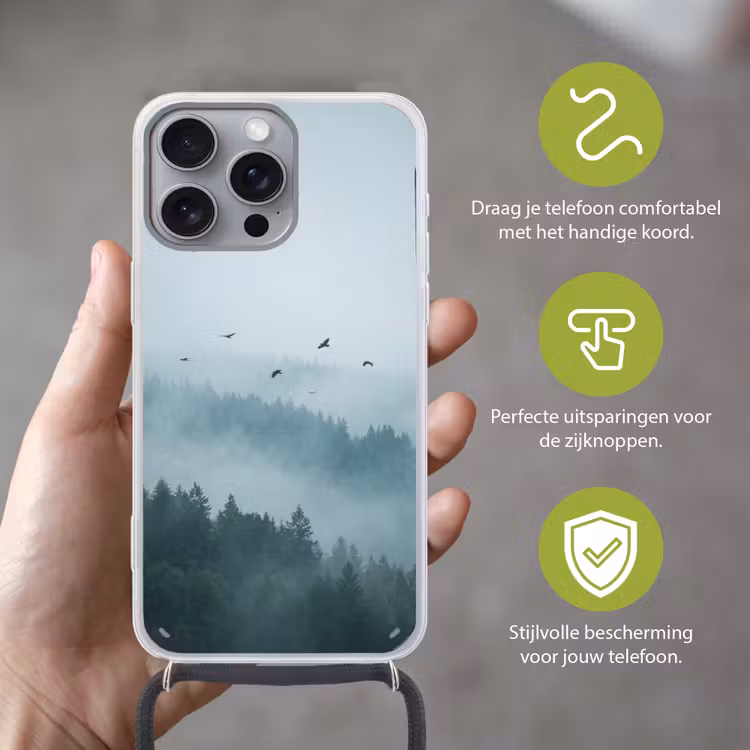Bos - Mist - Vogels - Natuur - Groen Hoesje iPhone 16 Pro Max met koord klein -sfeer2_NL